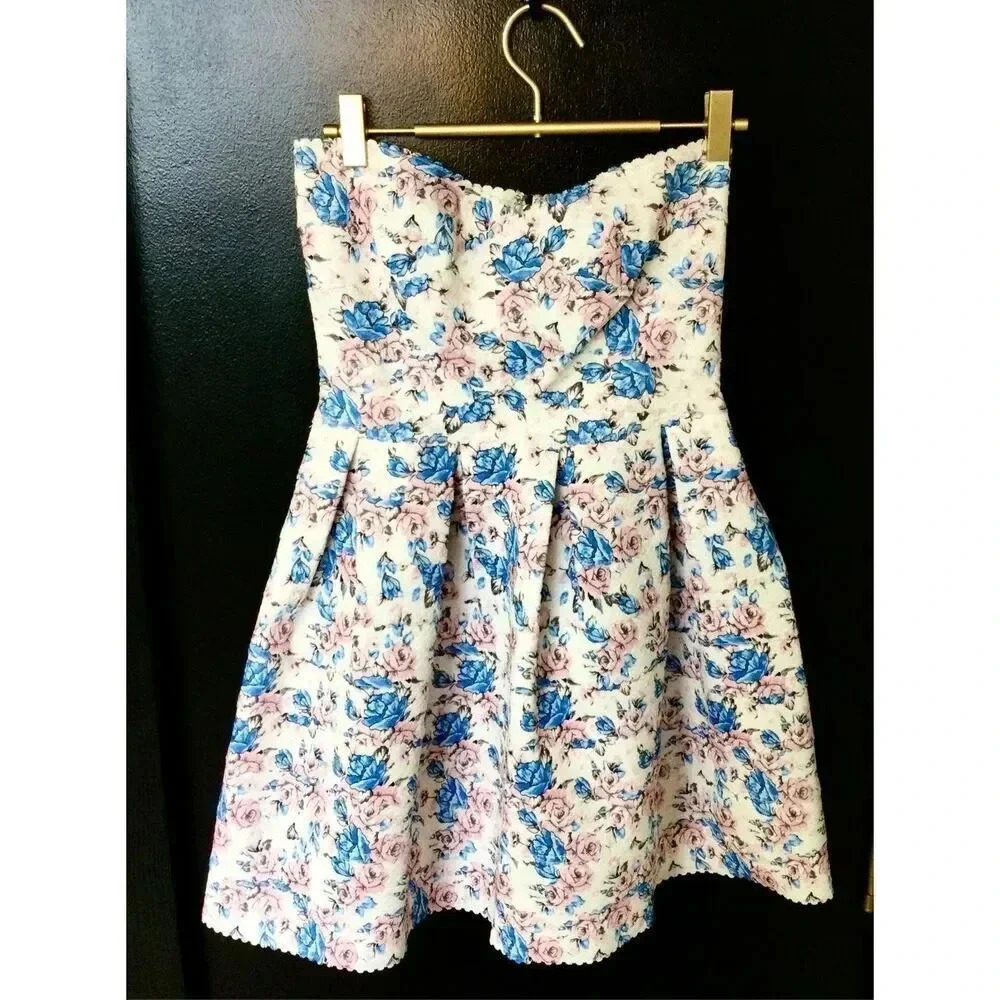 Sans Souci Womens Blue Pink Pleated Zip Floral Strapless Mini Dress Size Small